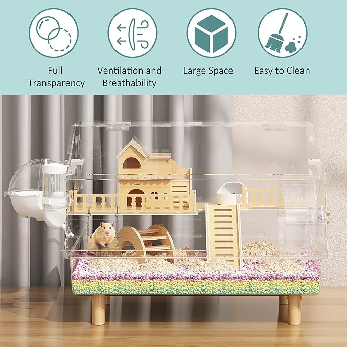 10-in-1 Acrylic Hamster Cage - Double Layer Fully Transparent Hamster Cages with All Accessories, Open Top Hamster House for Pet Mice, Dwarf Hamsters and Gerbils,18.50"x11.81"x14.56"