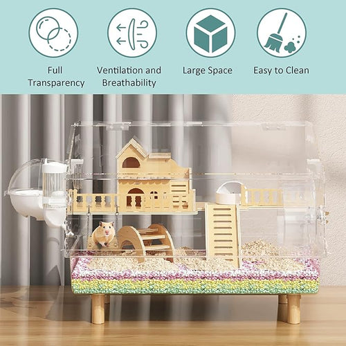 10-in-1 Acrylic Hamster Cage - Double Layer Fully Transparent Hamster Cages with All Accessories, Open Top Hamster House for Pet Mice, Dwarf Hamsters and Gerbils,18.50"x11.81"x14.56"