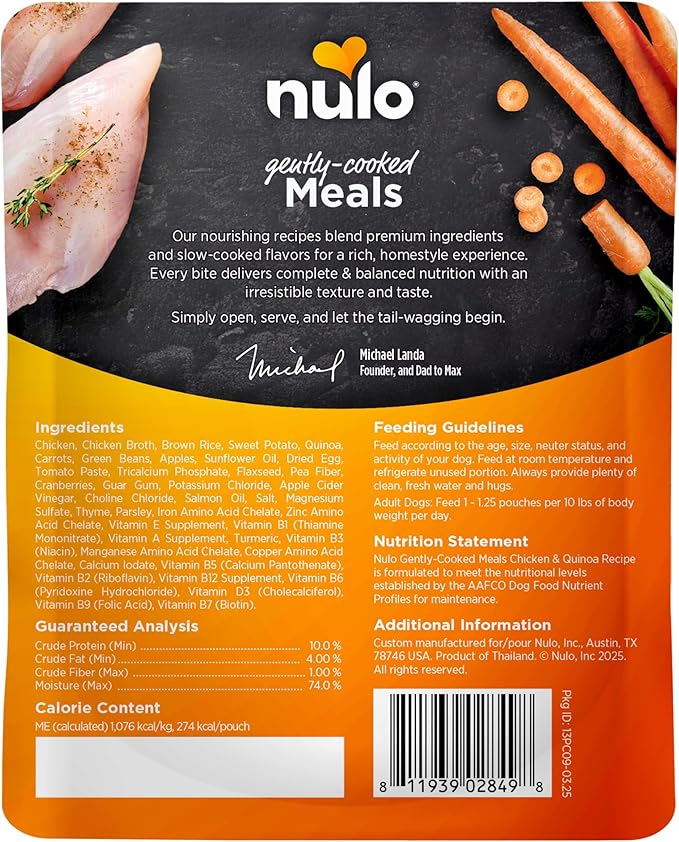 Nulo Gently-Cooked Meals Complete and Balanced Adult Wet Dog Food, Chicken & Quinoa, 9 Ounce, 8 Count