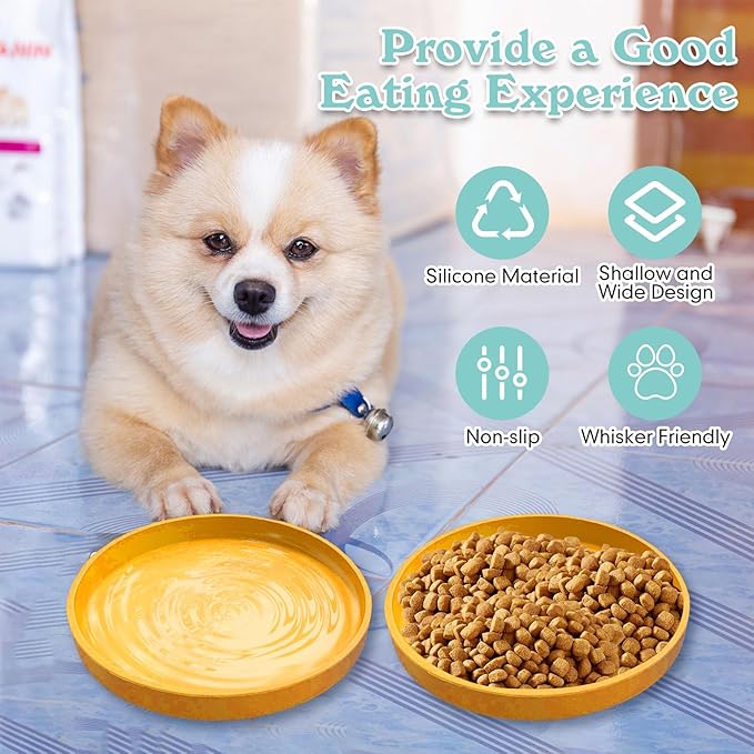 Silicone Dog Bowl Shallow Cat Food Bowls 7" Wide Puppy Plates Whisker Fatigue Pet Feeding Dishes Set of 2 for Dry Food and Wet Food Indoor (Round Yellow)