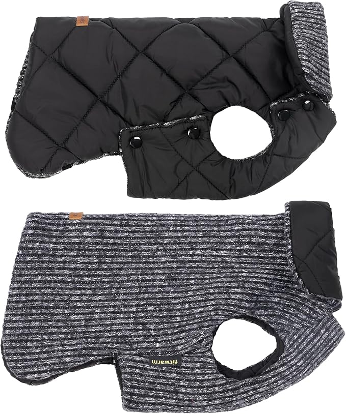 Fitwarm Reversible Quilted Dog Coat, Knitted Winter Clothes for Small Dogs Boy Girl, Windproof Thermal Pet Jacket, Black, Grey, XL