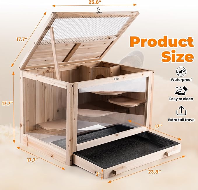 RUNSHED Hamster Cage Wooden Chew Proof, Large Hamster Cages and Habitats, Openable Top with Acrylic Sheets, Solid Built Small Animal Cage,Easy to Assemble