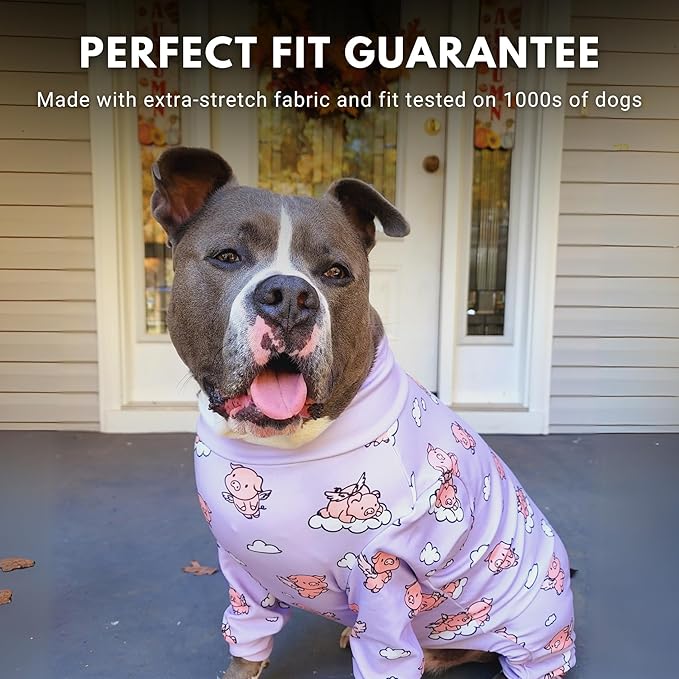 Spark Paws Dog Pajama, Dog Recovery Suit Male, Onesie, Ultra-Soft and 4-Way Stretch, for Small Medium and Large Breeds - When Pigs Fly - Purple - XL