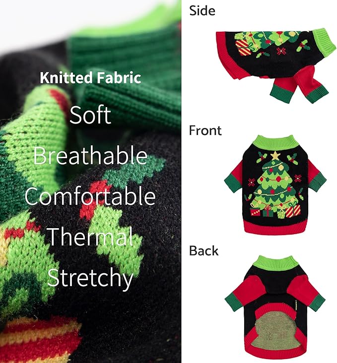 Fitwarm Christmas Tree Dog Sweater, Thermal Dog Winter Clothes for Small Dogs Boy Girl, Cozy Dog Christmas Outfit, Doggy Pullover Jumper, Holiday Pet Apparel, Black, Red, Green, Yellow, XXL