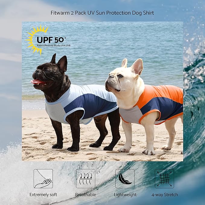 Fitwarm 2 Pack UPF 50+ UV Sun Protection Dog Shirt, Quick Dry Summer Dog Clothes for Small Dogs Boy Girl, Reflective Label, Lightweight Breathable Cooling Vest, Pet Cat Outfit, Orange, Blue, Large