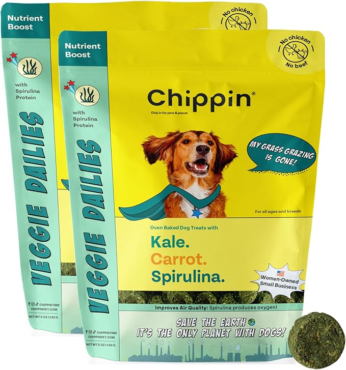 Chippin Healthy Dog Treats, All Natural Crunchy Biscuits with Spirulina, Kale, Oats, Low Calorie, No Meat, Hypoallergenic, Vegan Treats for Puppy, Small, Large Dogs, 2 Pack