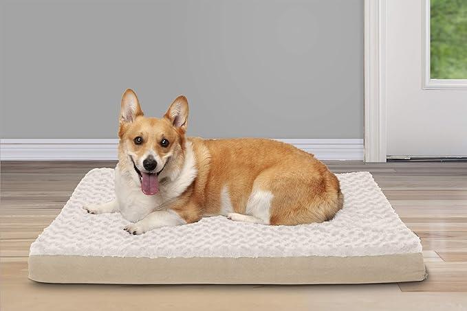 FurHaven Supportive Cooling Memory Foam Classic Mattress Dog Bed with Washable & Removable Cover - Plush Faux Fur/Suede Mattress - Cream, Dogs Up to 55 lbs - Large