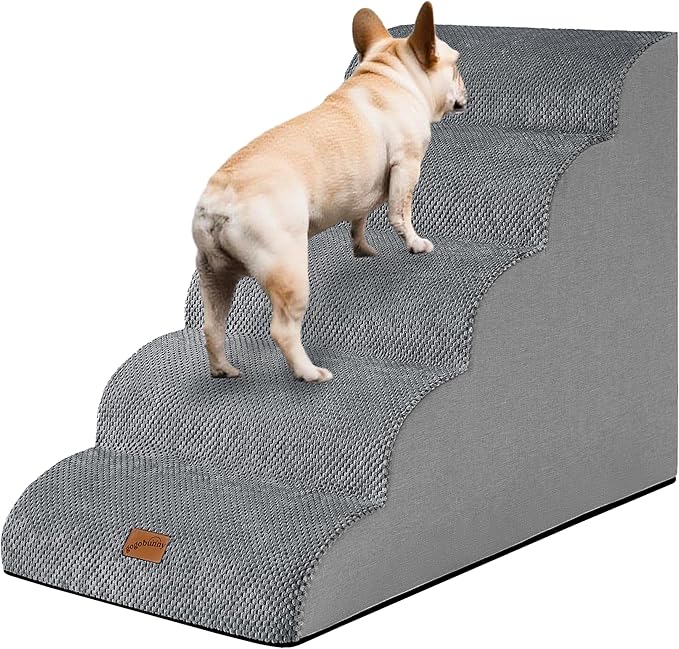 GoGoBunny Ramp Dog Stairs for High Beds 24.4" H, 5-Step Extra Wide Dog Slope Stairs with Durable Waterproof Fabric Cover, Pet Steps for Old Large Dogs Climbing, Non-Slip Sturdy Indoor Step, Grey
