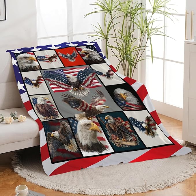 Eagle Throw Blanket American Flag Bald Eagle Stuff Gifts for Kids Girls Boys Adults Women Men Soft Cozy Warm Plush Fluffy Fuzzy Fleece Blanket Decor 50''X60''