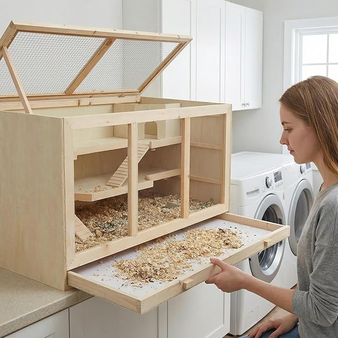 45" Extra Large Wooden Hamster Cage, Hamster Enclosure with Opening Roof & Multi-Levels, Extra Large Natural Habitat, Includes Ramps and Hut for Rabbit, Guinea Pig, Hedgehog Small Pets
