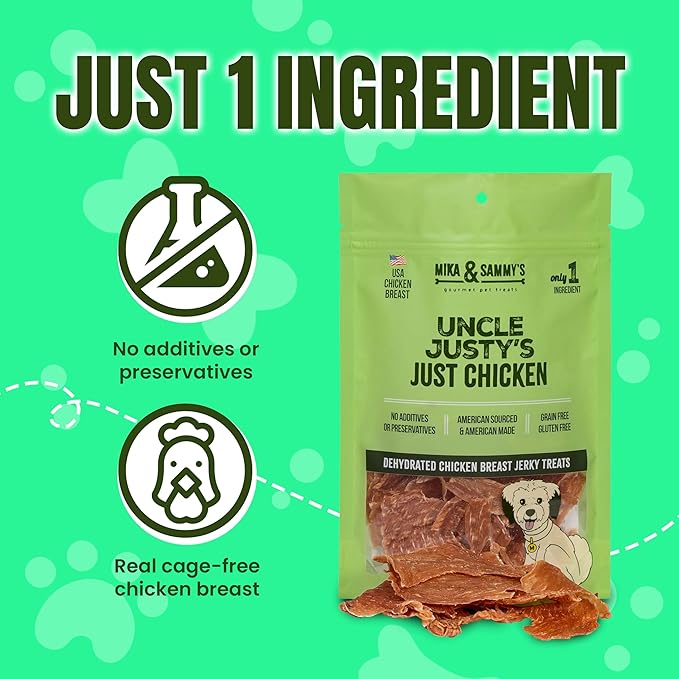 Gourmet Chicken Jerky Dog Treats - Natural, Nutritious and Tasty Made in USA only, Cage-Free Chicken, No Additives (Mika & Sammy's Uncle Justy's 12 oz)