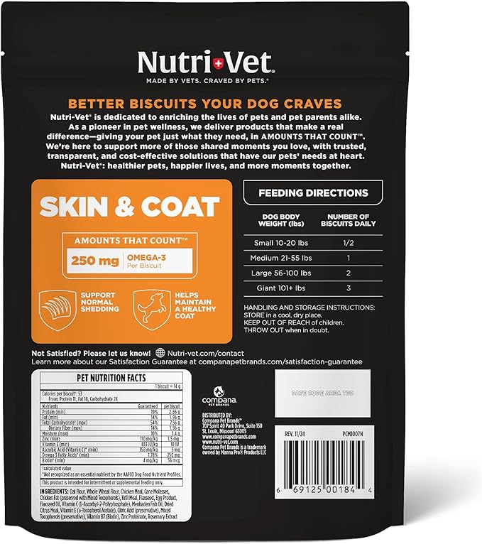 Nutri-Vet Skin & Coat Biscuits for Dogs, Tasty Dog Treat, Skin and Coat Supplement, Omega 3 Fish Oil, Made with Omega 3 and Biotin, Fish Oil Treat for Pets, Chicken & Krill Flavor, 16 oz