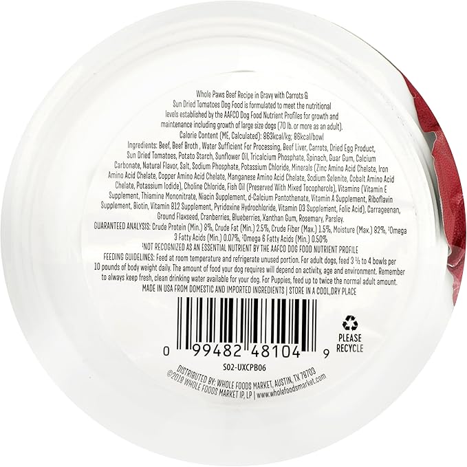 Whole Paws, Grain-Free Wet Dog Food, Beef Recipe with Carrots & Sundried Tomatoes in Gravy, 3.5 Ounce