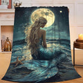 Mermaid Throw Blanket Beach Moon Night Mermaid Stuff Gifts for Kids Girls Boys Adults Women Men Soft Cozy Warm Plush Fluffy Fuzzy Fleece Blanket Decor 40''X50''