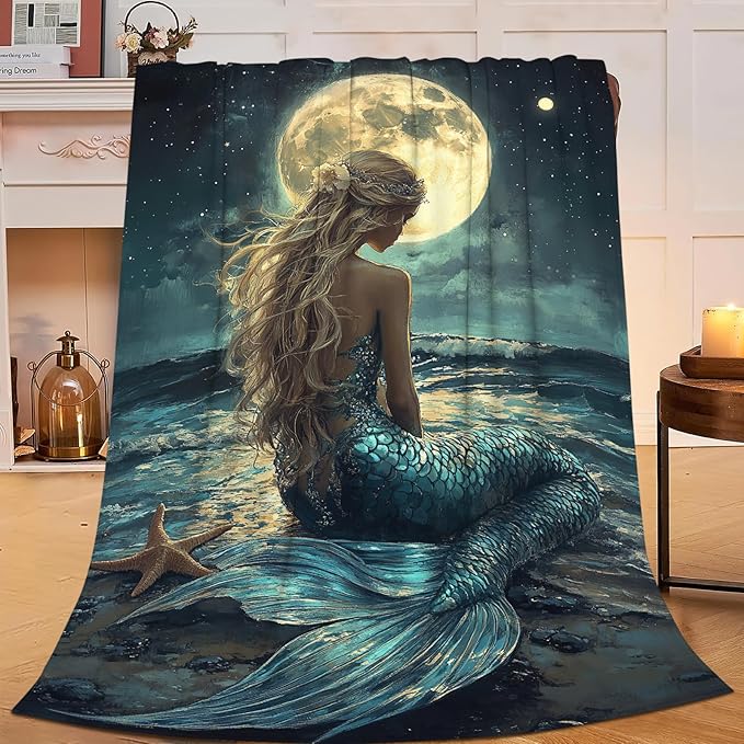 Mermaid Throw Blanket Beach Moon Night Mermaid Stuff Gifts for Kids Girls Boys Adults Women Men Soft Cozy Warm Plush Fluffy Fuzzy Fleece Blanket Decor 40''X50''