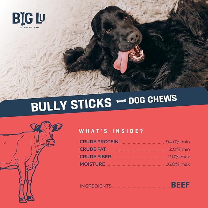 Big Lu - 4” Thick Bully Sticks, 10 Count, Long-Lasting, 100% Grass-Fed Beef Chews, for Small and Medium Dogs, Natural Single-Ingredient, Fully Digestible Treats