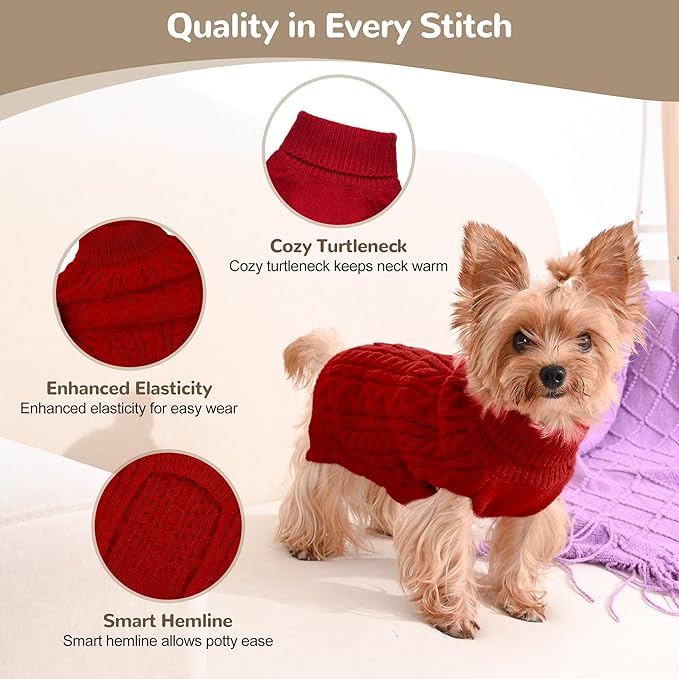 2 Pack Dog Sweaters for Small Dogs Winter Turtleneck Pullover Cable Knit Fleece Stretch Puppy Doggie Chihuahua Toy Poodle Yorkie Pomeranian Boy Girl Pet Clothes (S, Red & Brown)