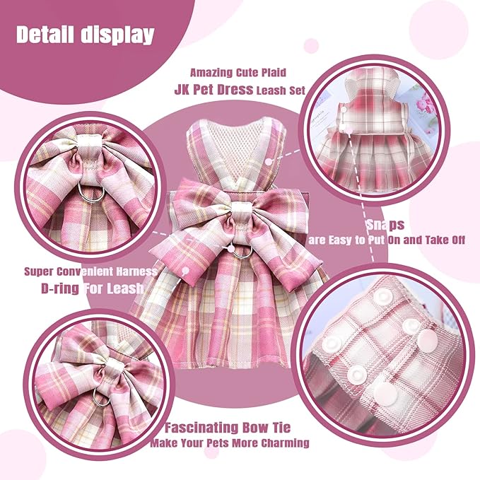PETCARE Plaid Dog Dress Bow Tie Harness Leash Set for Small Dogs Cats Girl Cute Princess Dog Dresses Spring Summer Puppy Bunny Rabbit Clothes Chihuahua Yorkies Pet Outfits
