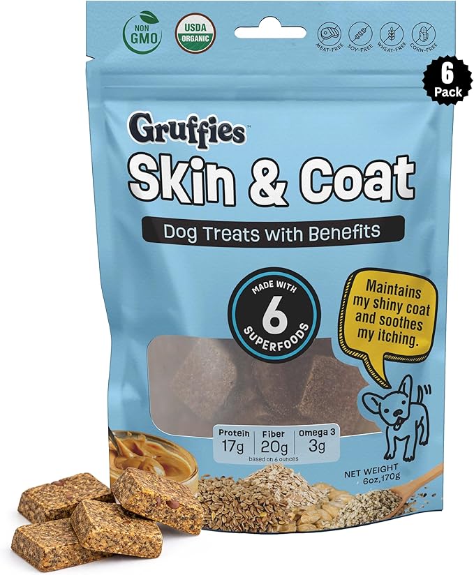 Skin & Coat Organic Dog Treats – Peanut Butter - Itchy & Dry Skin Relief for Dogs - Allergy Support - Flaxseed & Kelp for Omega 3 - Vet Approved, Made in Canada, Non-GMO - 6 oz (Pack of 6)