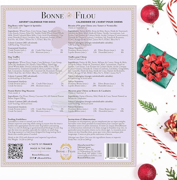 Bonne et Filou 2025 Dog Treats Advent Calendar - 24 Hand Designed Luxury Macarons, Truffles & Bone Cookies Box, Christmas Box for Dogs, Advent Treats for All Breeds (24 Count)