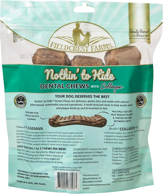 Fieldcrest Farms Dental Chews for Dogs, Wave (7inches, 3count Pack) – Tackles Plaque, Tartar, Promotes Dental Health – w/Collagen, Organic, Gluten-Free