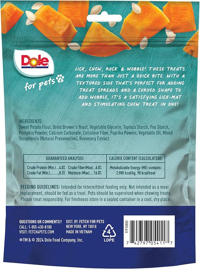 Dole for Pets Freshly Fetched Lasting Chew Pumpkin Flavor Dog Treats, Medium and Large Breeds, No Wheat, Corn, Soy, Artificial Flavors, Colors, or Animal Products, 8 Ounces, 5 Chews - 6 Pack