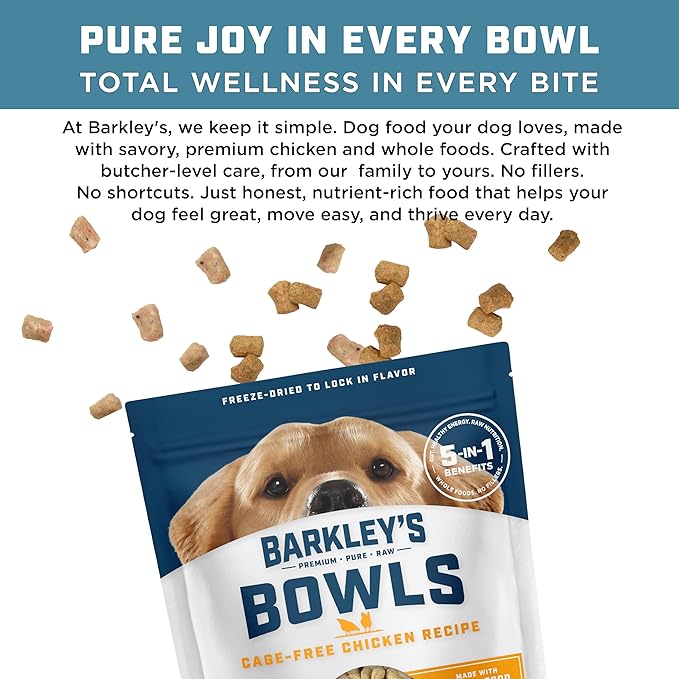 Barkley’s Bowls, Freeze-Dried Raw Chicken Dog Food, Fresh Whole Food Ingredients with Cage-Free Chicken, Grain Free, High Protein for Balanced Nutrition, Dog Treats or Topper, 16 Oz Bag (6 Pack)
