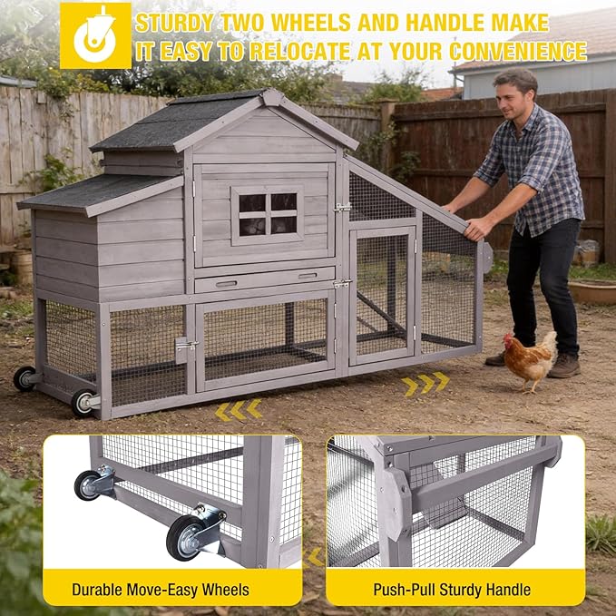 Aivituvin Chicken Coop with Run and Wheels, Mobile Outdoor Hen House Wooden Poultry Cage with Waterproof Roof (Grey, AIR23)