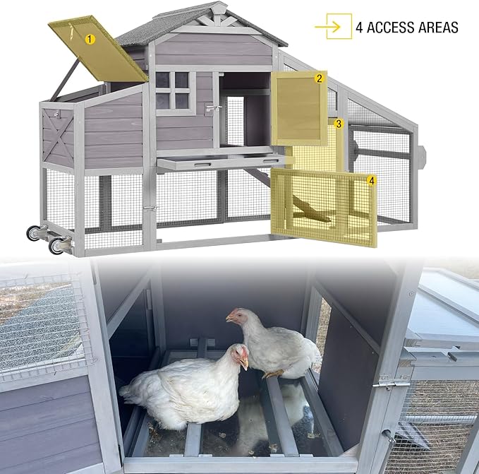 Aivituvin Chicken Coop Mobile Chicken House on Wheels Expandable Wooden Poultry Cage with Large Nesting Box Leakproof Pull-Out Tray Rabbit Hutch Bunny Cage,UV-Resistant Roof (Grey，AIR32)