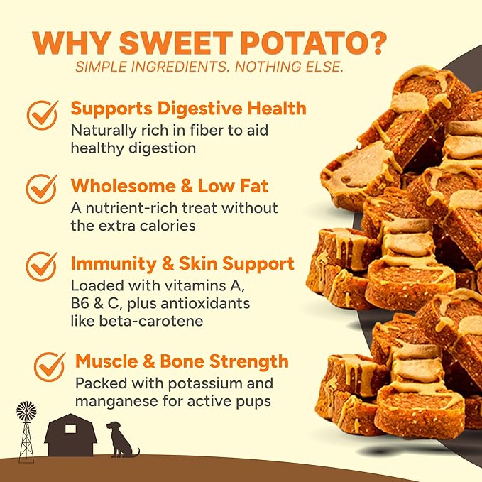 Gaines Family Farmstead Peanut Butter Coated Sweet Potato Dog Bones – 40 oz Bag, Grain-Free, Chewy, Natural Dog Treats for Digestion, Skin, Energy & Immunity – Limited Ingredient, Made in USA