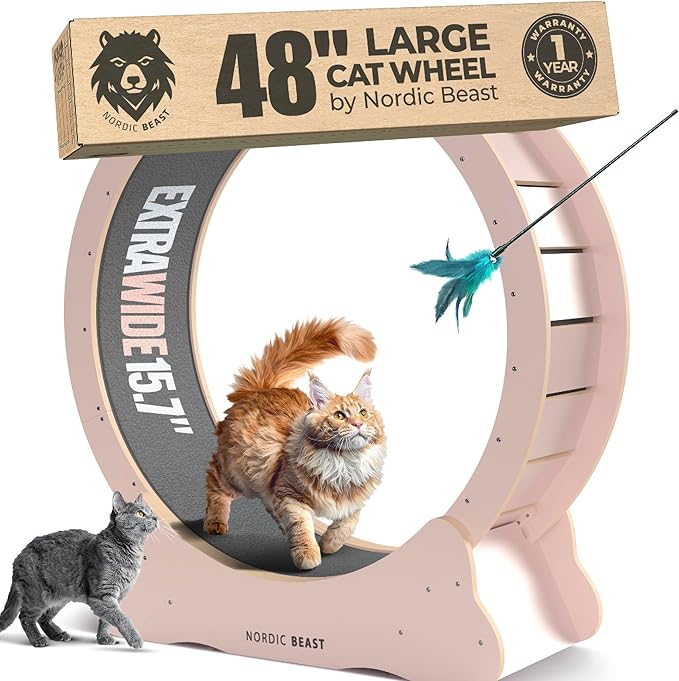Nordic Beast Pink 48'' XL Cat Wheel – Safe, Quiet & Stable Exercise Wheel for Large Indoor Cats up to 45 lbs – 15.7'' Extra-Wide Surface Fits 2 Cats Side by Side & Prevents Wobbling, 1-Year Warranty