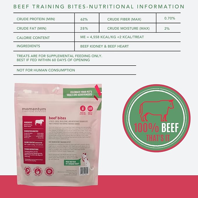Momentum Carnivore Nutrition Freeze-Dried Beef Training Bites – Two Ingredients-Beef Kidney and Heart, Grain-Free, All-Natural Dog Treats –Made in USA – Perfect for Training & Rewards- 2.5 oz Bag