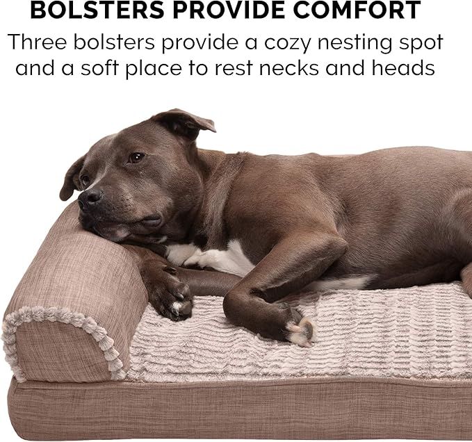 Furhaven Memory Foam Dog Bed for Large Dogs w/ Removable Bolsters & Washable Cover, For Dogs Up to 125 lbs - Luxe Faux Fur & Performance Linen Sofa - Woodsmoke, Jumbo Plus/XXL