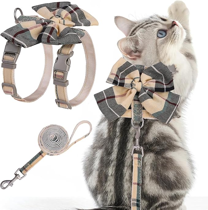 PAWCHIE Cat Harness and Leash Set Escape Proof with Bow Knot, Adjustable Kitten Vest Harness for Outdoor Indoor Use,Lightweight Soft Walking Travel Pet Harness for Medium Cats Boys Girls Puppy,Beige