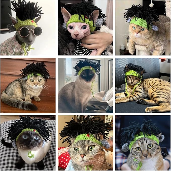 Cat Knitted Hat with Dreadlocks - Pet Woolen Cap Cool Wigs Cosplay Headwear for Sphinx Kitten Puppy Halloween Costume Party Accessories Christmas Birthday S (3.3 lbs - 6.6lbs), Green