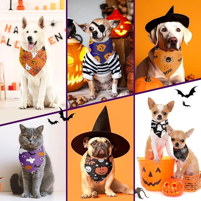Shyyween 100 Pieces Halloween Dog Bandanas Bulk Pumpkin Ghost Bandanas for Dogs Soft Triangle Bibs Adjustable Triangle for Small Medium Large Pets Halloween Party Costume