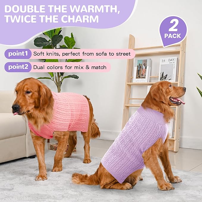 2 Pack Dog Sweaters for Large Dogs Winter Turtleneck Pullover Cable Knit Fleece Stretch Pitbull Labrador Golden Retriever Doberman Bulldog Boy Girl Pet Clothes (XXL, Pink & Purple)