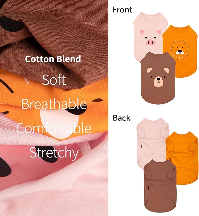 Fitwarm 3 Pack Bear Lion Pig Dog Shirt, Funny Dog Clothes for Small Dogs Boy Girls, Summer Pet Outfit, Cute Animal Costume, Brown, Pink, Blaze Orange, Medium