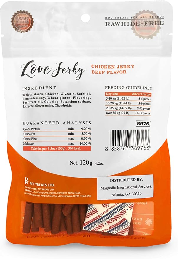 Rena's Recipe Love Jerky (Beef Flavor) Soft Chicken Stick with Glucosamine/Chondroitin (Joints) and Lycopene (Antioxidant)
