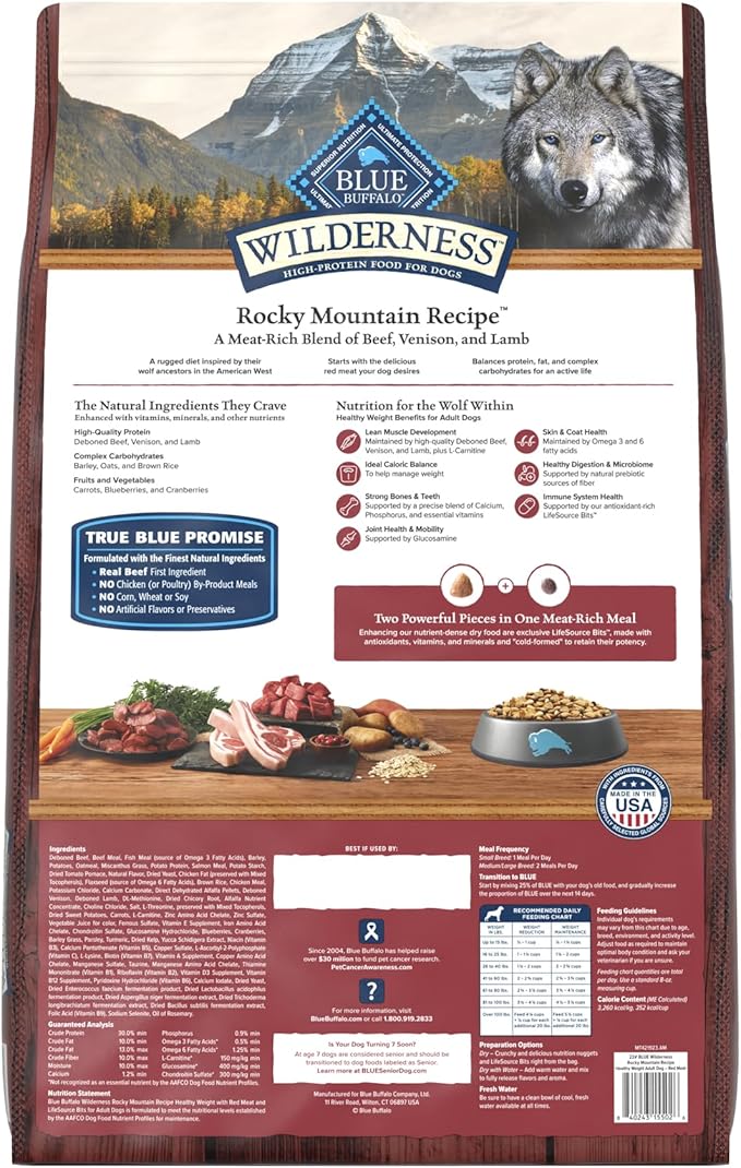 Blue Buffalo Wilderness Rocky Mountain Recipe High-Protein Healthy Weight Adult Dry Dog Food, Made in The USA with Natural Ingredients Plus Wholesome Grains, Red Meat, 22-lb. Bag