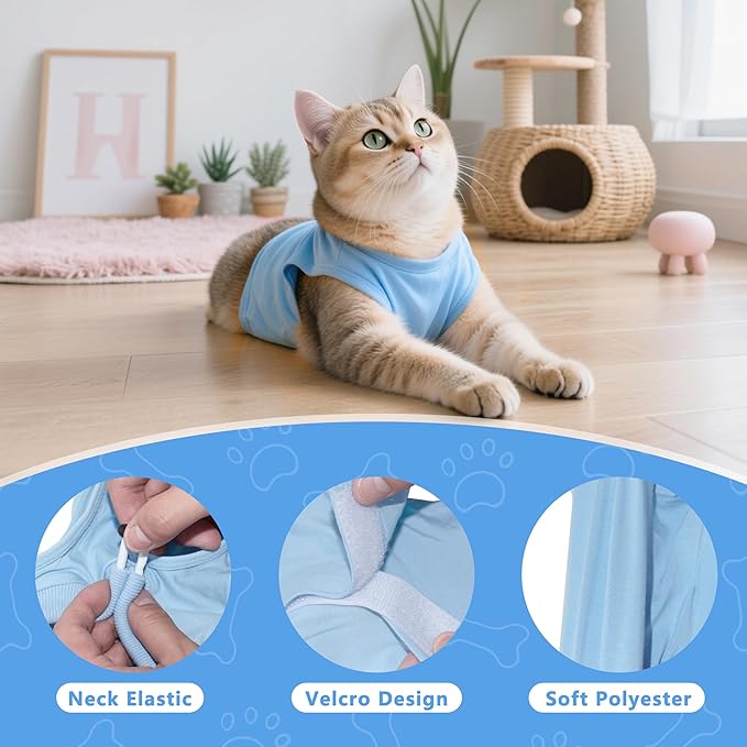 Cat Recovery Suit Anti Licking, Cat Surgery Recovery Suit Female Cats Kitten Onesie After Spay, Cone of Shame Alternative, Post- Surgery Kitten Surgical Clothes for Abdominal Wounds(Blue,L)