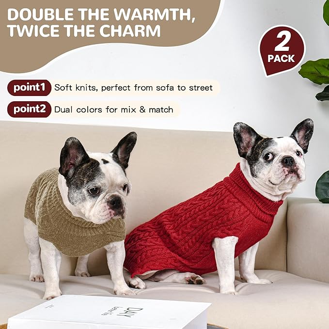 2 Pack Dog Sweaters for Medium Dogs Winter Turtleneck Pullover Cable Knit Fleece Stretch Frenchie Dachshund Pug Corgi Beagle Boy Girl Pet Clothes (L, Red & Brown)