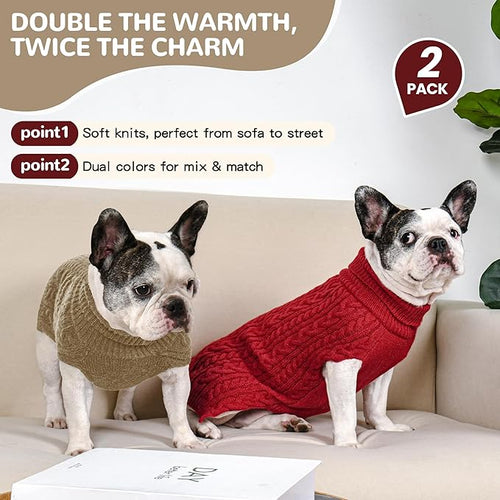 2 Pack Dog Sweaters for Medium Dogs Winter Turtleneck Pullover Cable Knit Fleece Stretch Frenchie Dachshund Pug Corgi Beagle Boy Girl Pet Clothes (L, Red & Brown)