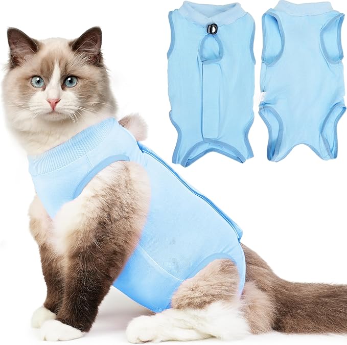 Hpetppy Cat Recovery Suit, Kitten Surgical Bodysuit for Abdominal Wound Anti Licking After Surgery, Pet Surgical Recovery Snugly Suit Cat Spay Recovery Suit Female for Small Male Female Cats Blue L