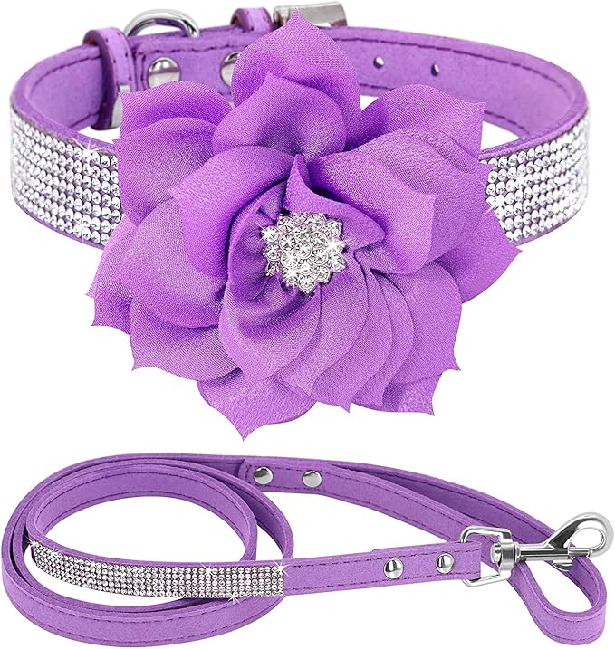 Cute Dazzling Sparkling Elegant Fancy Soft Suede Leather Bling Rhinestone Crystal Jeweled Pet Cat Dog Puppy Collar Dog Leash Combo Set (S(Neck 10-12.5"), Purple-6)