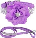 Cute Dazzling Sparkling Elegant Fancy Soft Suede Leather Bling Rhinestone Crystal Jeweled Pet Cat Dog Puppy Collar Dog Leash Combo Set (XS(Neck8-10), Purple-6)