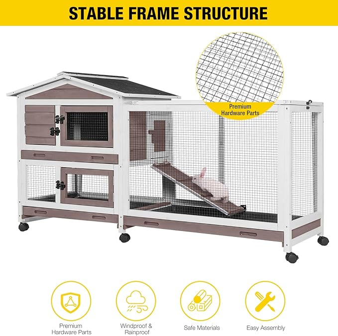 Aivituvin Rabbit Hutch 62" Rabbit Cage Indoor Outdoor Guinea Pig Cage on Wheels Bunny Cage with 3 Deep No Leakage Pull Out Tray,Waterproof Roof (Brown)