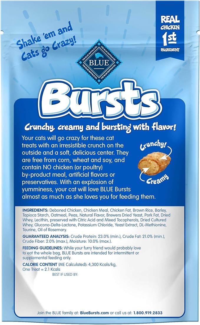 Blue Buffalo Bursts Crunchy & Creamy Cat Treats, Great for Training, Paw-Lickin' Chicken, 2-oz Bag (6 Pack)