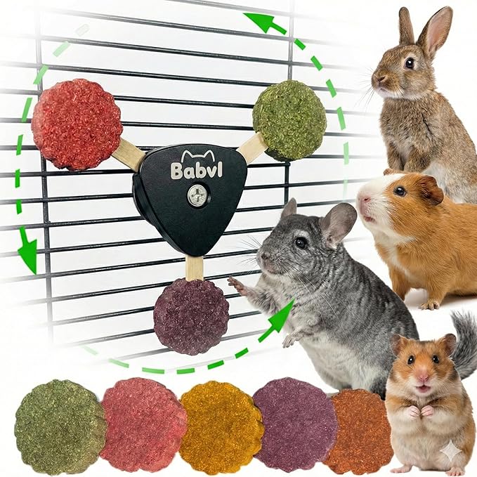 Aluminum Rotating Chew Toy with 4-Flavor Timothy Hay Cakes | Pet Dental Health Toy | Cage Hanging Toy for Rabbits, Guinea Pigs, Hamsters, Chinchillas (Black)