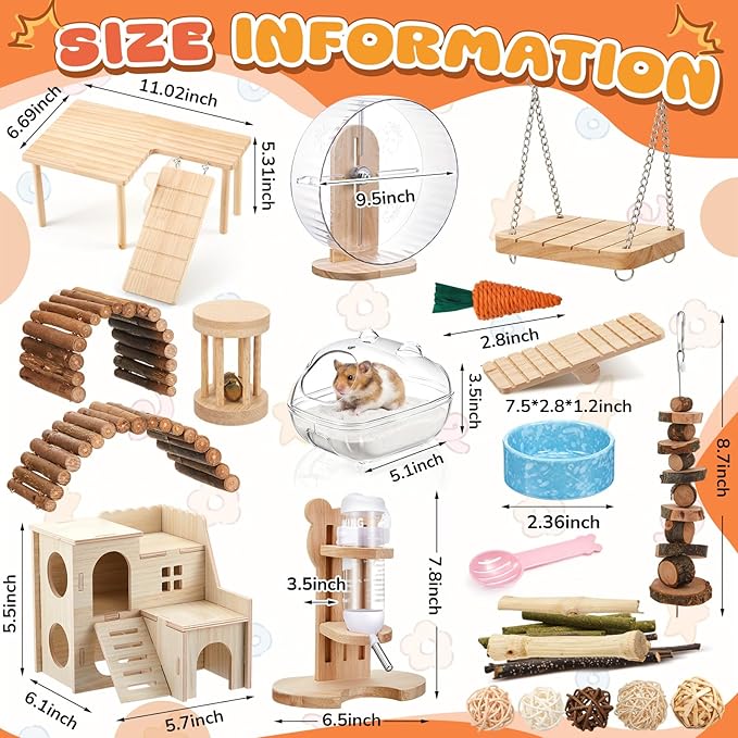 40 Pcs Hamster Cage Accessories, 9.5'' Exercise Wheel, Wood Platform Hideout House, Water Bottle, Sand Bath, Bowl, Chew Toy for Syrian Hamsters Mice Gerbils Habitat Decor(Active Style)